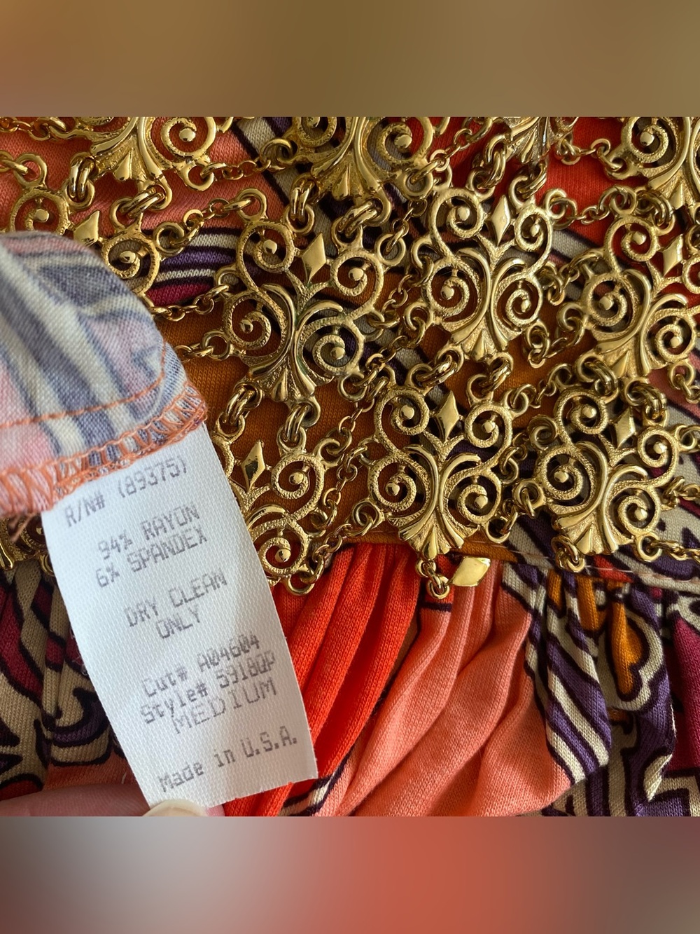 Vintage Y2K Sky Brand orange print short sleeve mini dress gold metal detail M - Picture 8 of 8